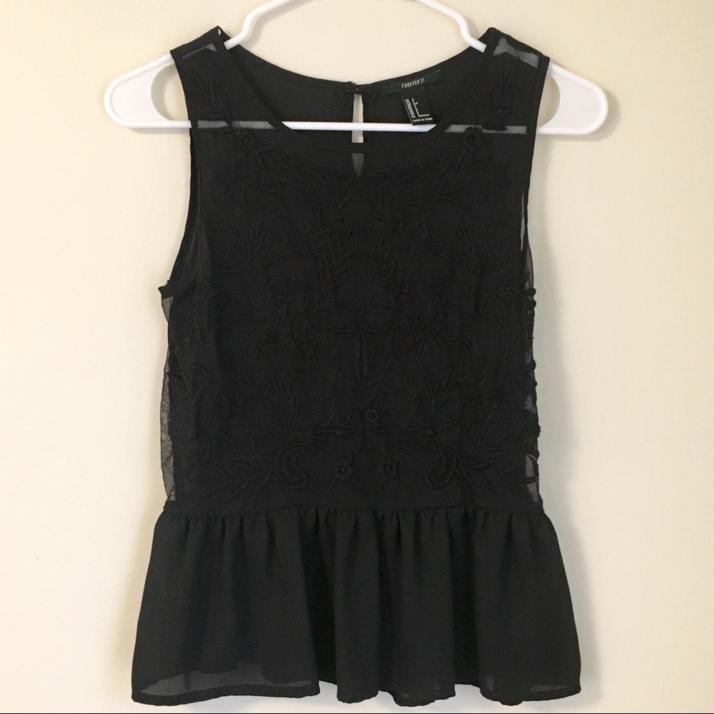 Black Forever 21 Peplum Top with Embroidery